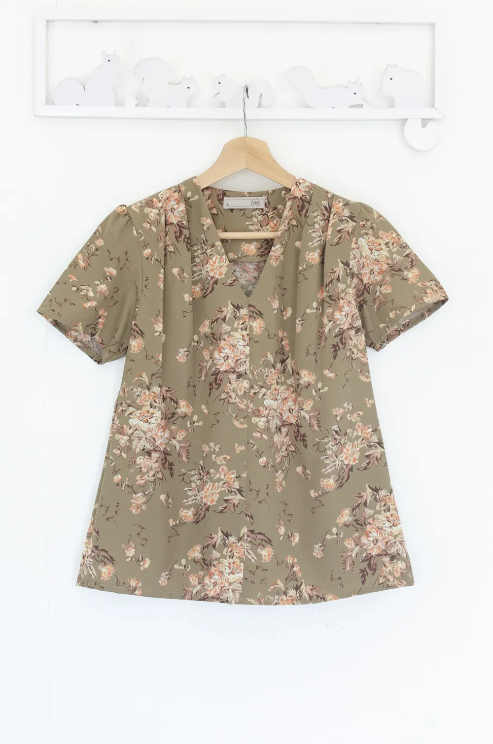 Alternative view of MT0601 V-Collar Flower Print Blouse – Muted Olive Brown