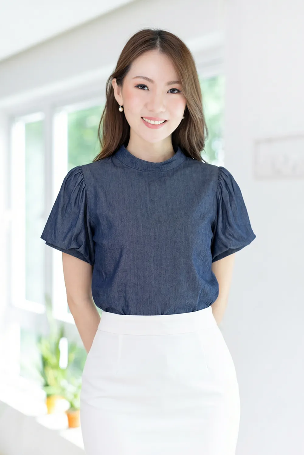 MT0707 Balloon Sleeve Soft Blouse – Dark Denim Blue