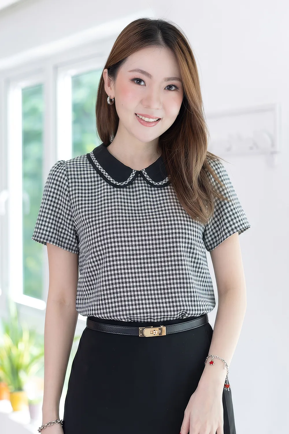 MT4101 Trimmed Peter Pan Collar Blouse – Black Gingham