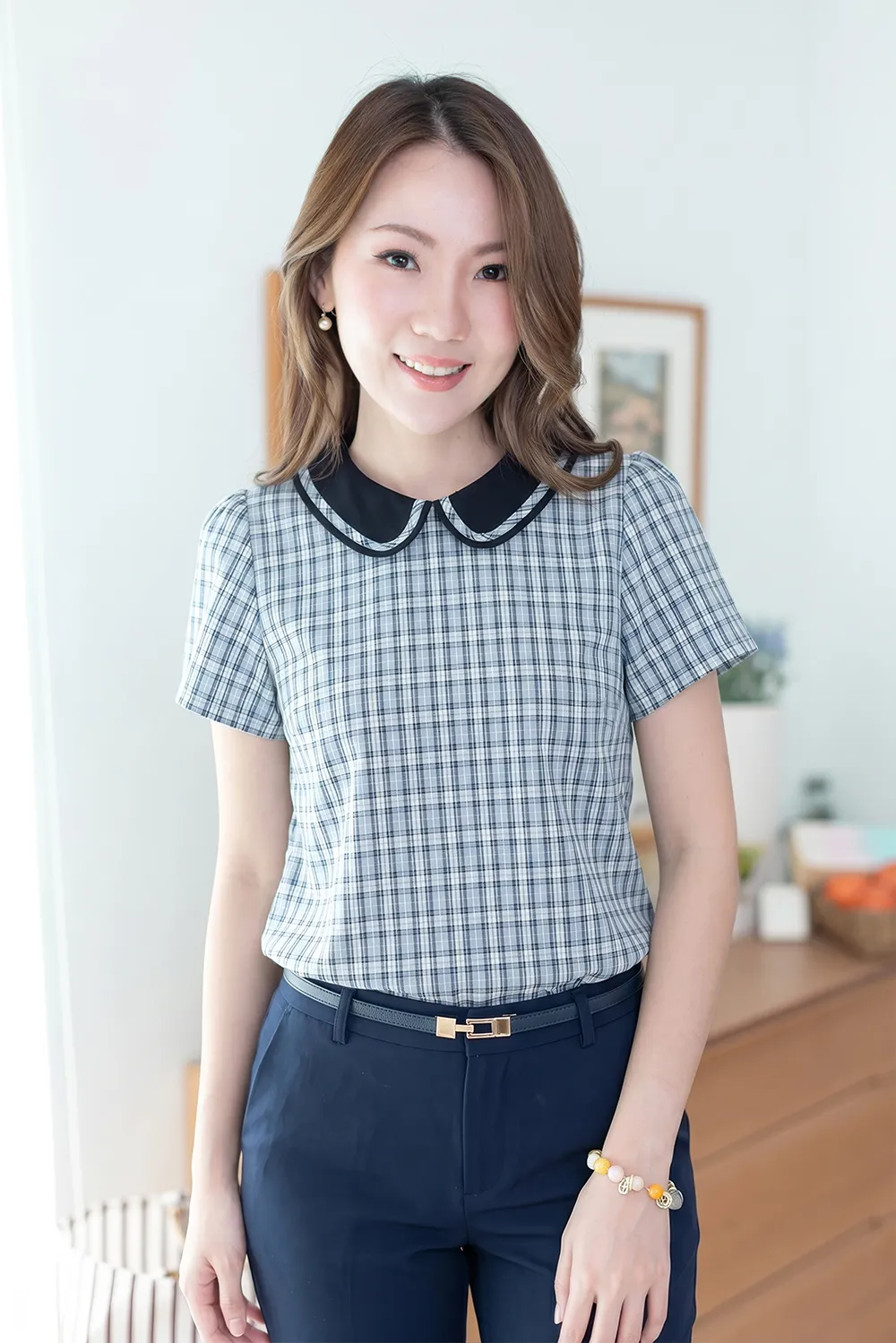MT4101 Trimmed Peter Pan Collar Blouse – Blue Plaid