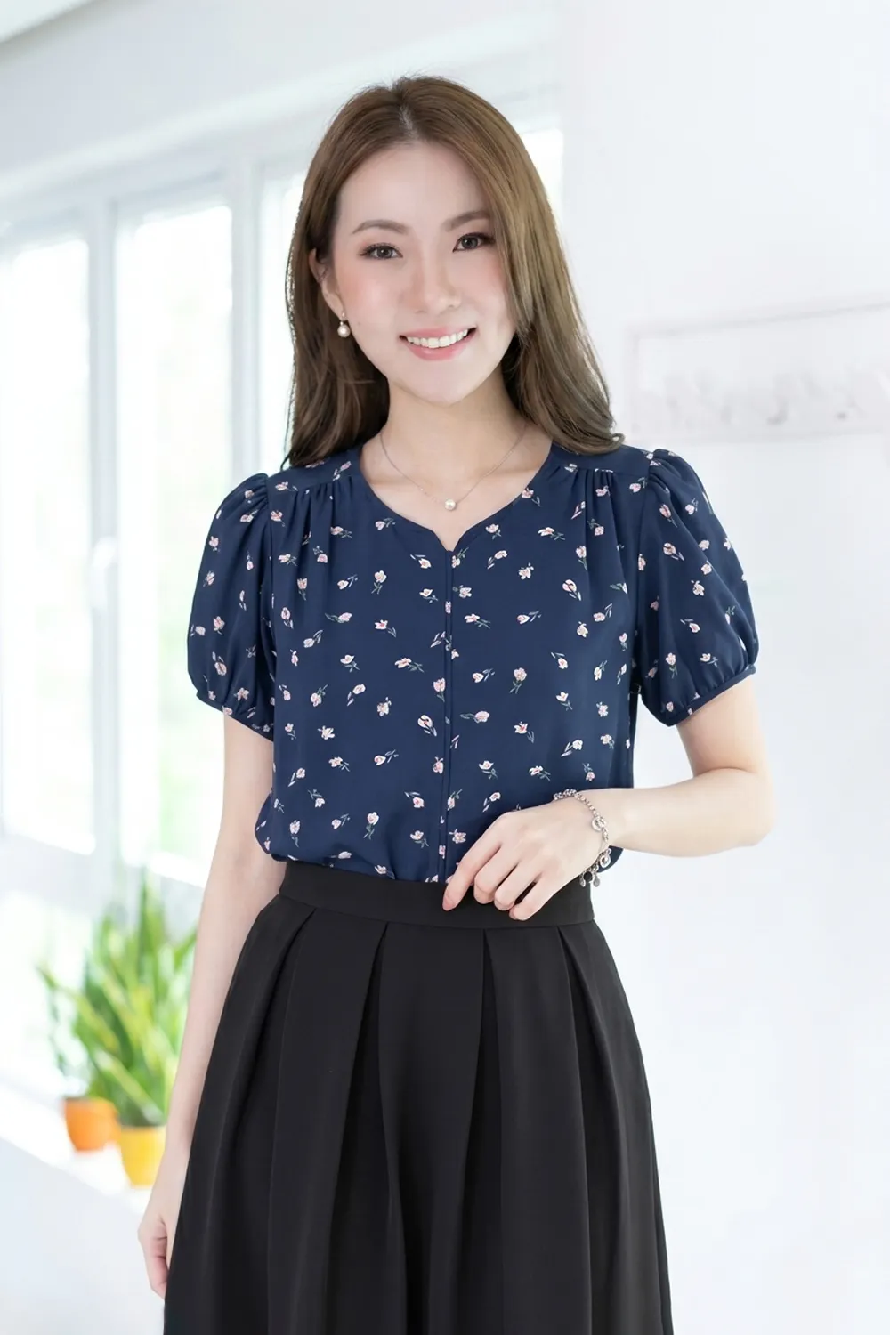 MT4527 Freesia Notch Neck Puff Sleeve Blouse – Navy Blue