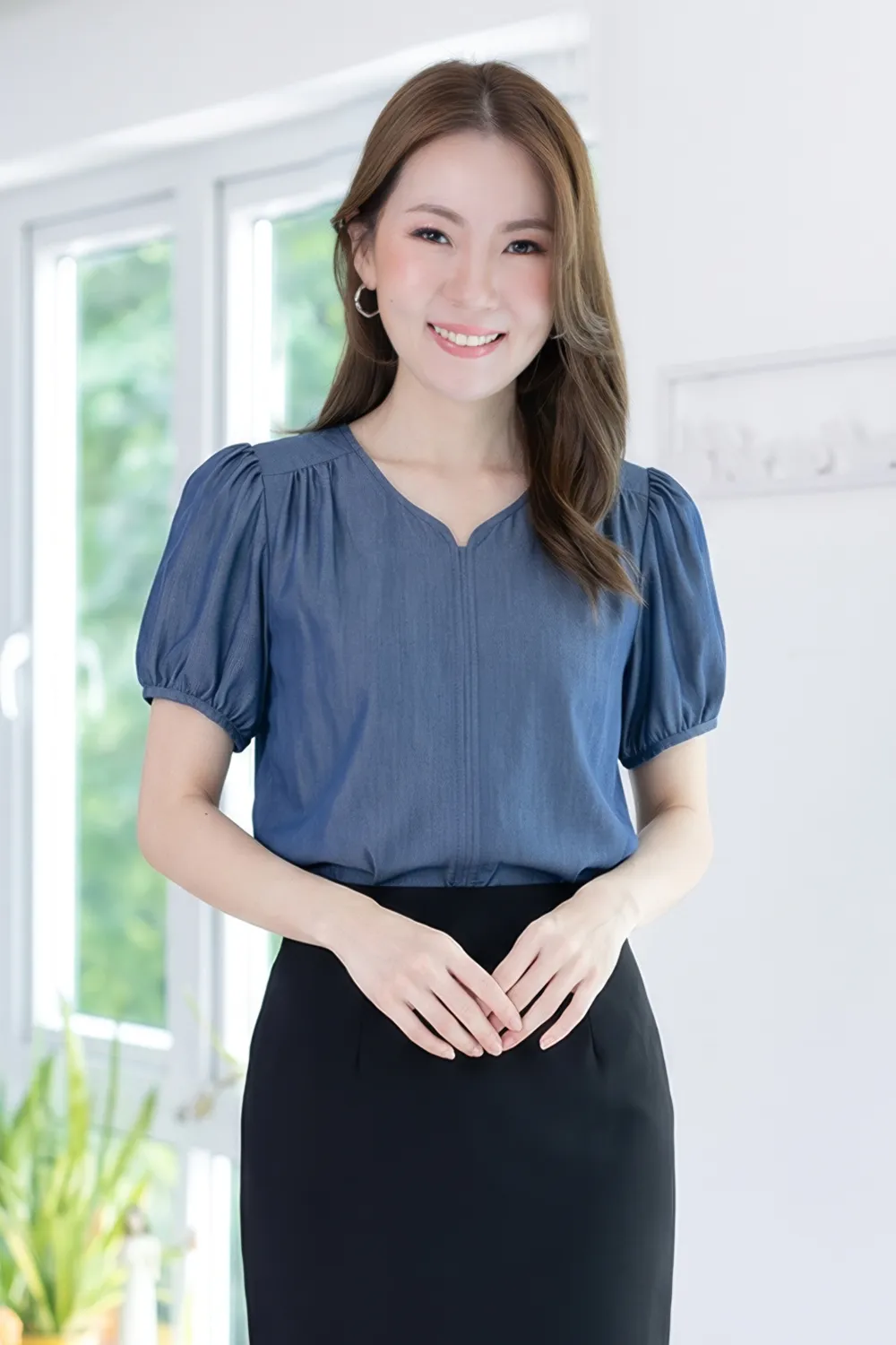 MT4527 Notch Neck Puff Sleeve Blouse – Denim Blue