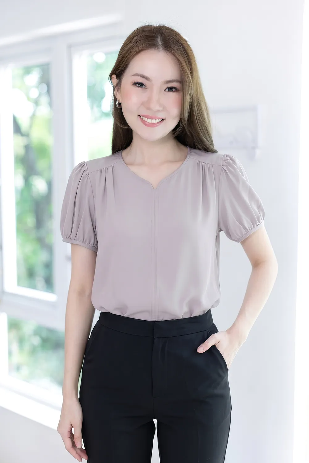 MT4527 Notch Neck Puff Sleeve Blouse – Taro