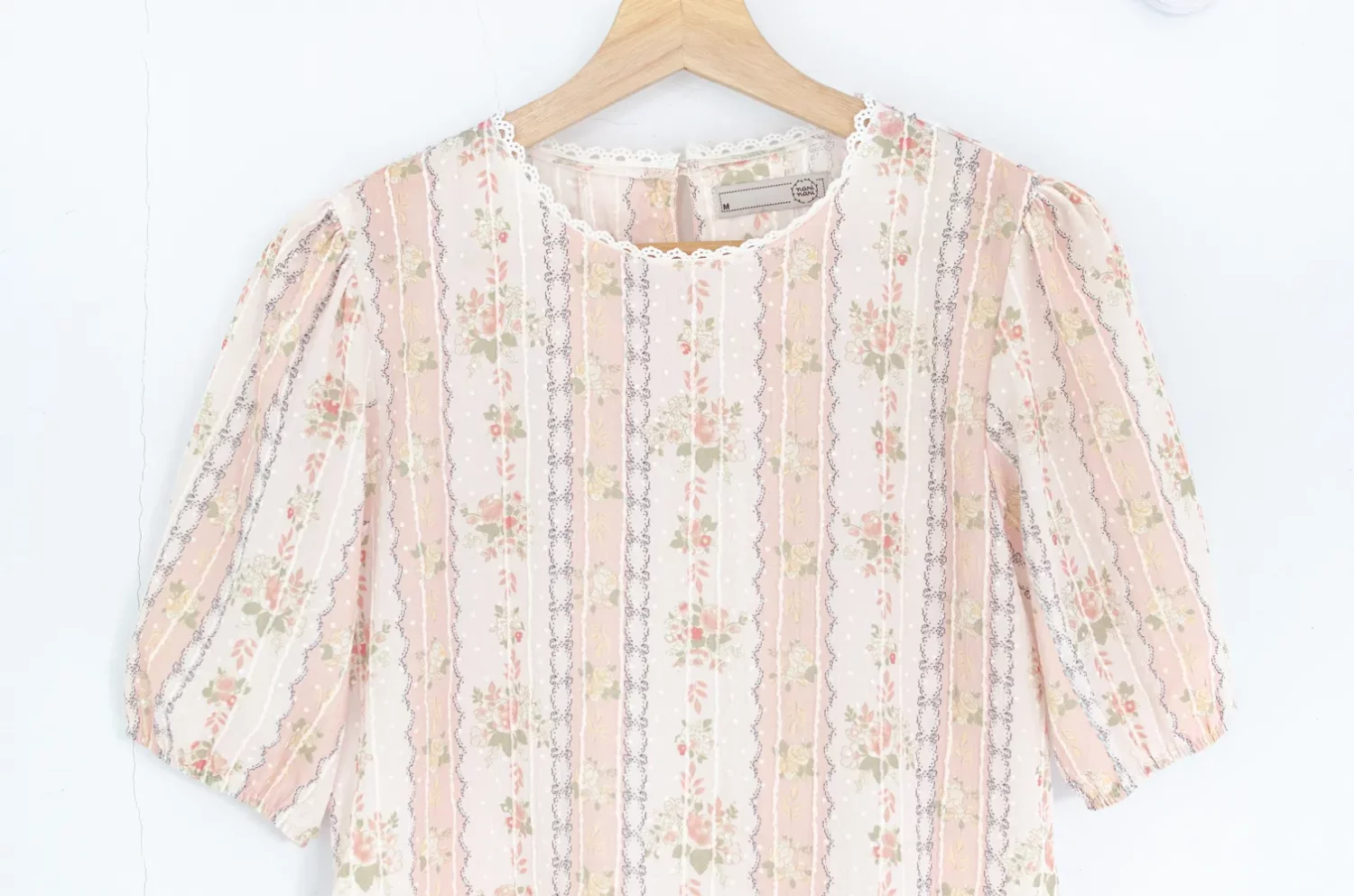 MT7750 Lace Trim Floral Stripe Blouse – Gauzy Peach - Image 3