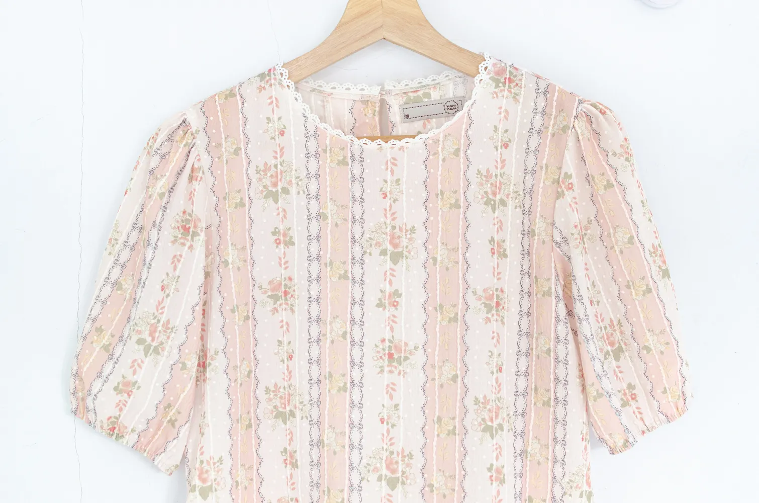 MT7750 Lace Trim Floral Stripe Blouse – Gauzy Peach - Image 3