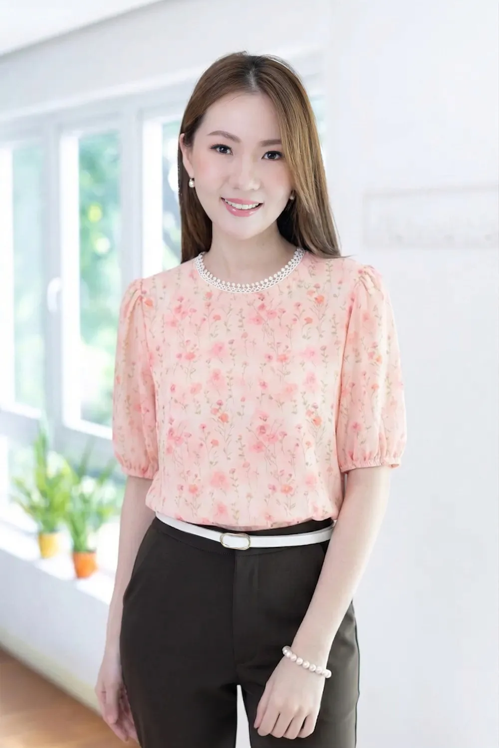 MT7750 Lace Trim Wildflower Blouse – Misty Pink