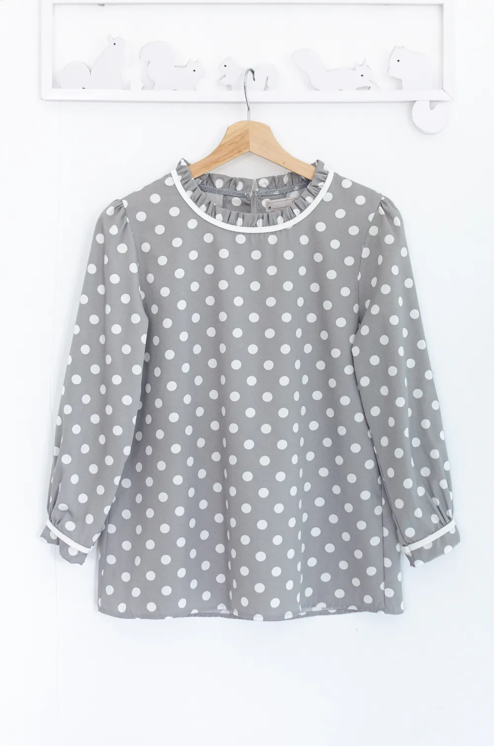 Alternative view of MT7861 Polka Dot Ruffle Blouse – Grey