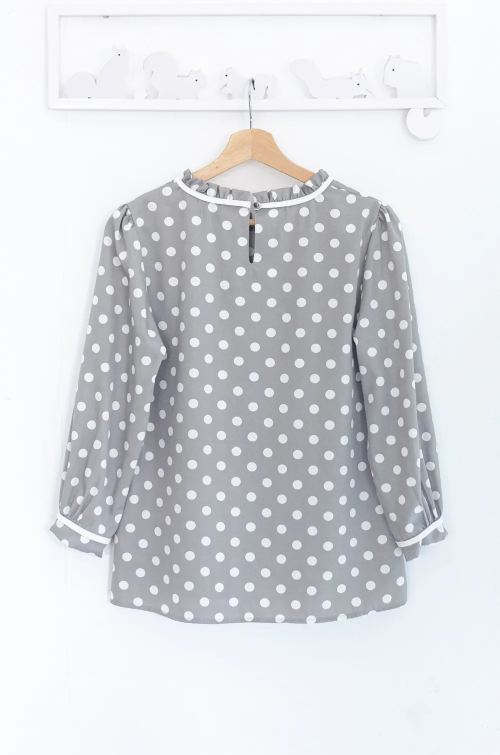 MT7861 Polka Dot Ruffle Blouse – Grey - Image 6