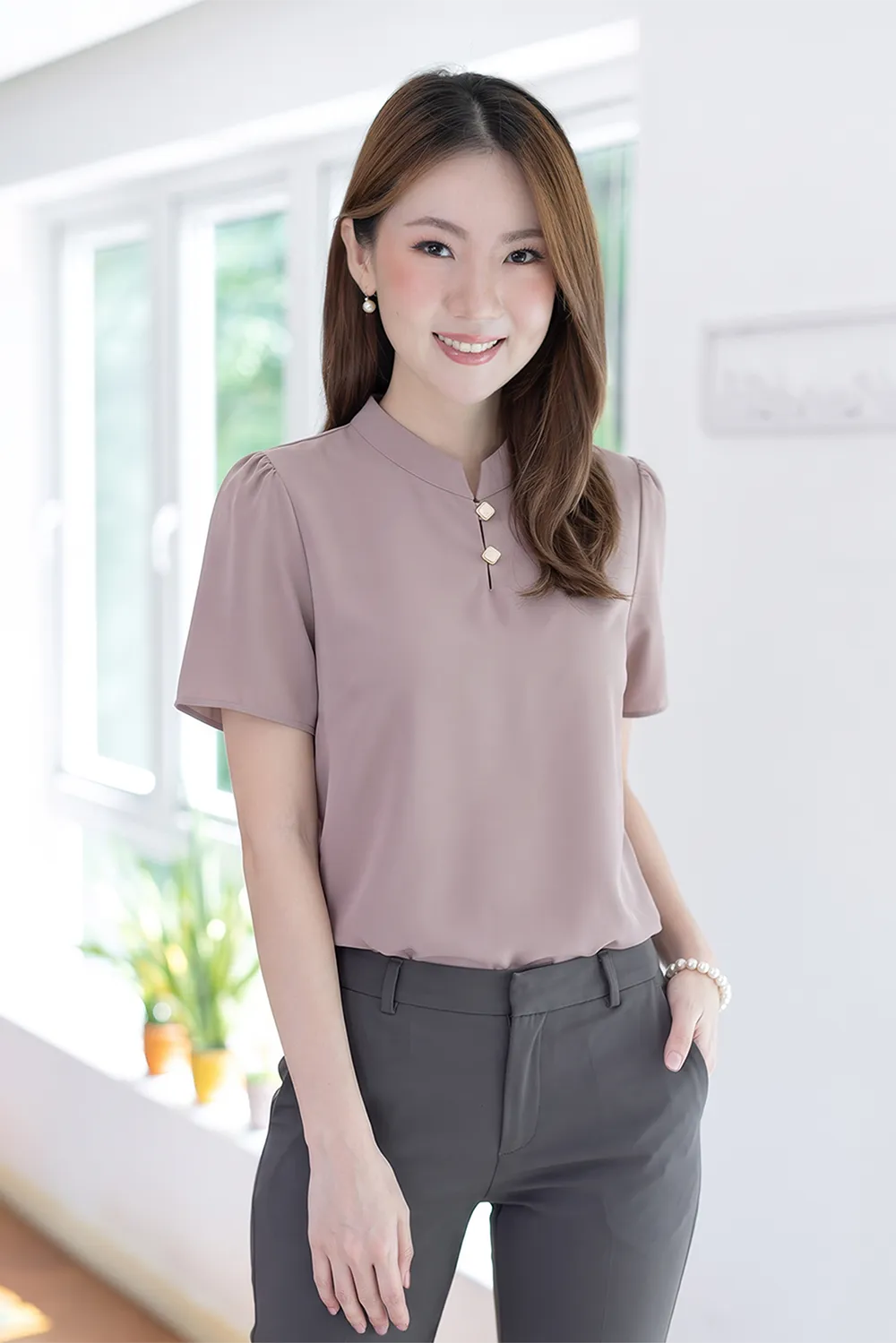 NT2527 Split Mandarin Collar Blouse – Taupe Pink