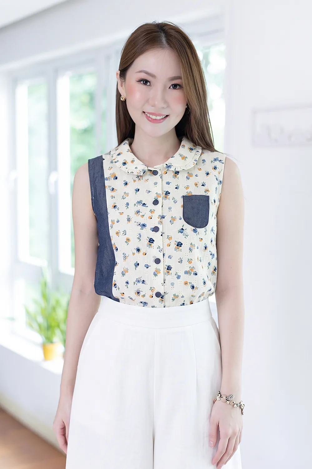 PT0200 Patchwork Sleeveless Blouse – Cream-Skye