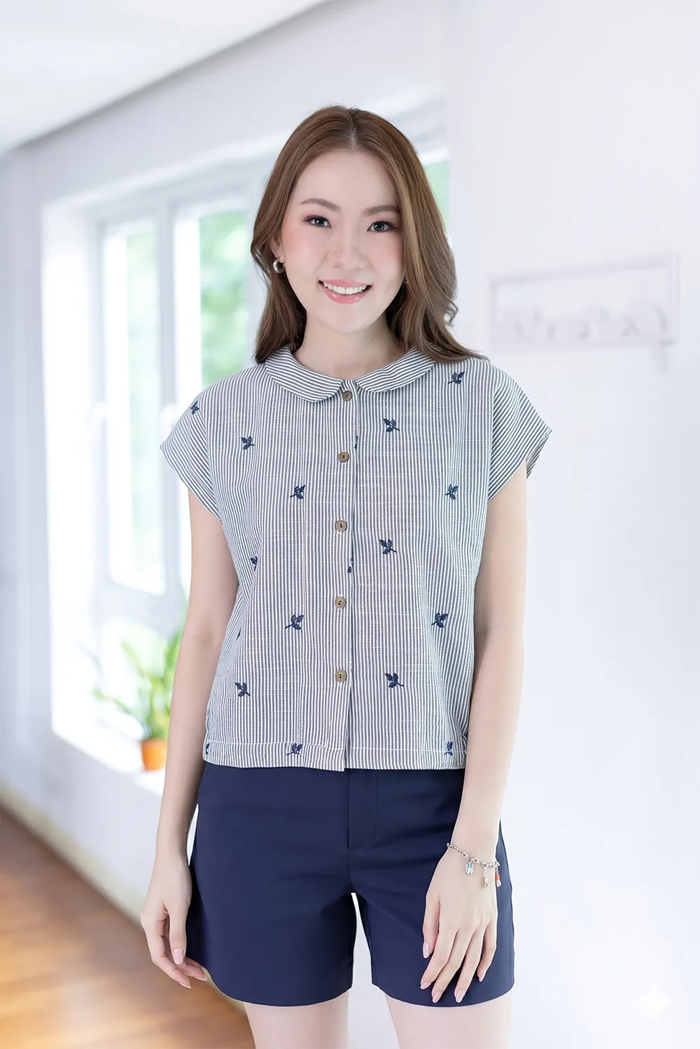 PT0300 Embroidered Crop Boxy Shirt – Slate Stripe