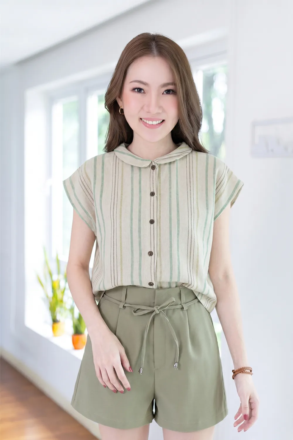 PT0300 Green Stripe Crop Boxy Shirt – Light Khaki