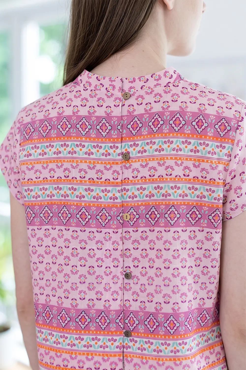 Alternative view of PT0144 Back-Button Breeze Top – Stripe Pink