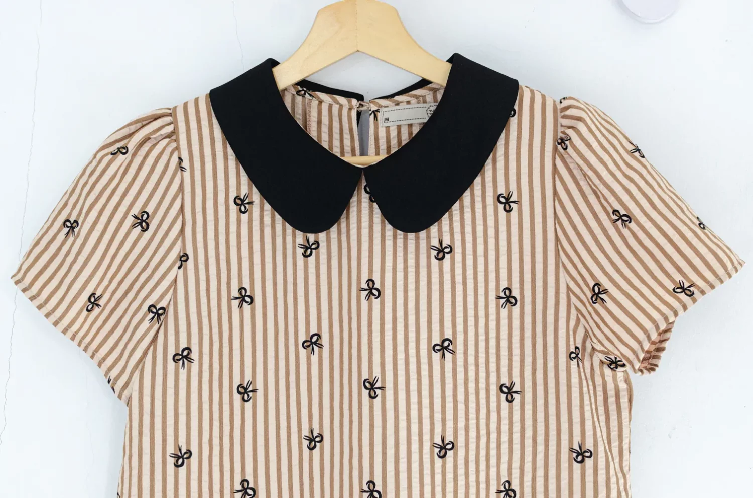 MT0101 Peter Pan Collar Stripe&Bow Blouse – Brown - Image 4