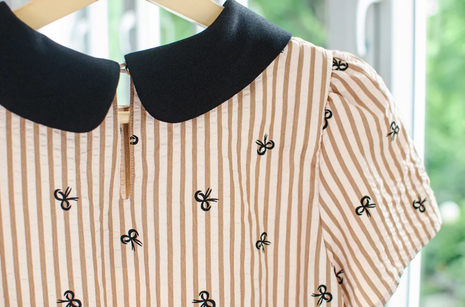 MT0101 Peter Pan Collar Stripe&Bow Blouse – Brown - Image 7