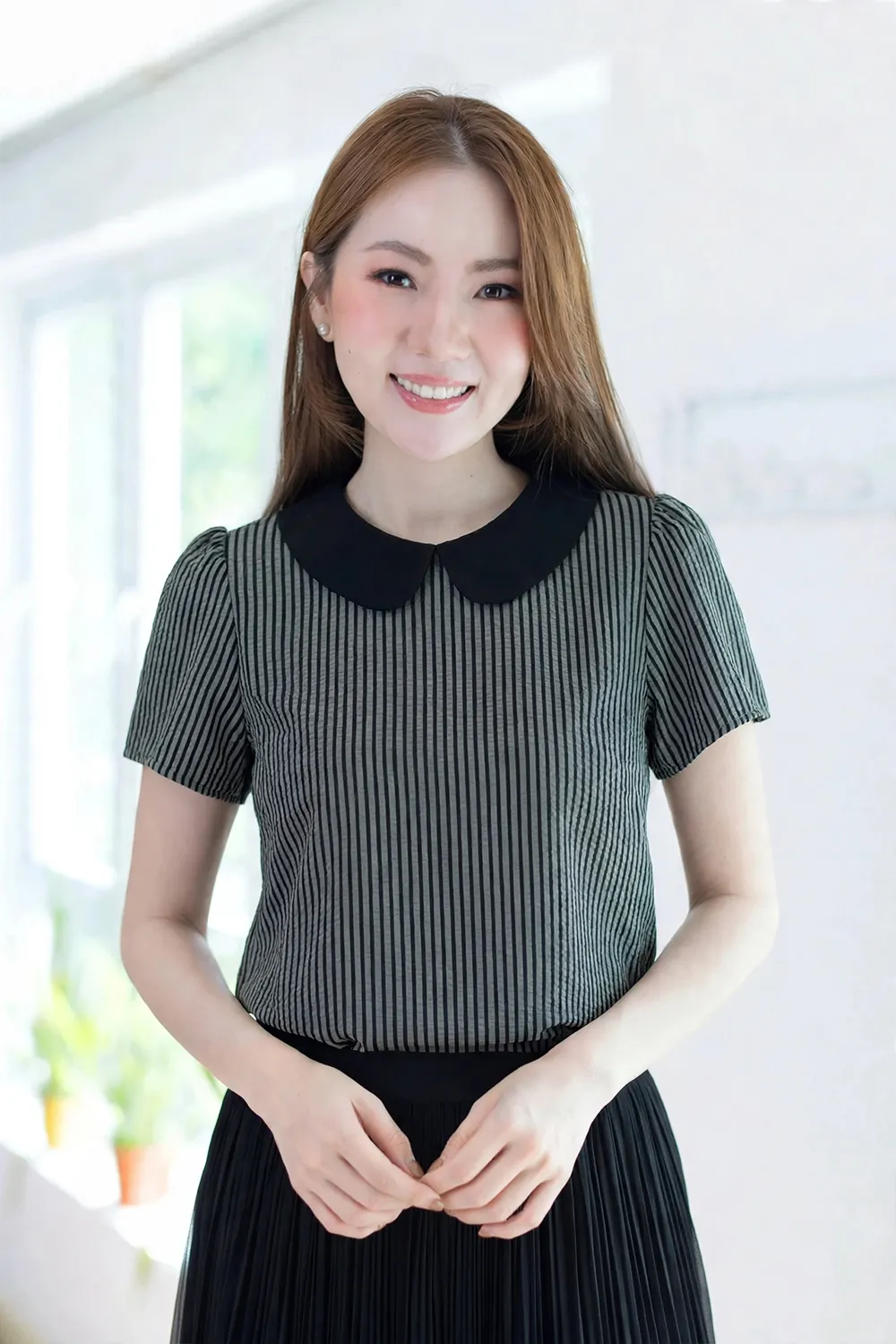 MT0101 Peter Pan Collar Stripe Blouse – Dark Grey