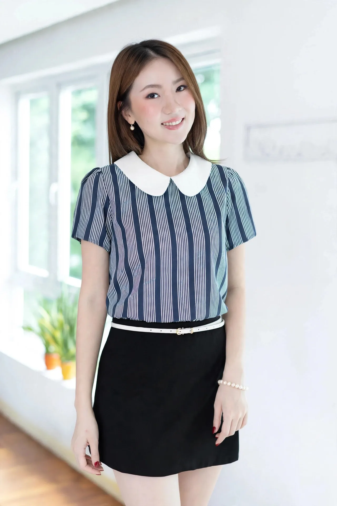 MT0101 Peter Pan Collar Echo Stripes Blouse – Navy Blue