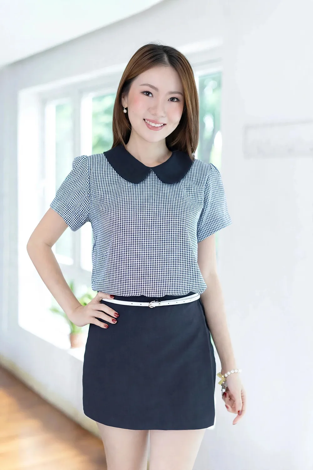 MT0106 Peter Pan Collar Folded Sleeve Blouse – Navy Blue Gingham
