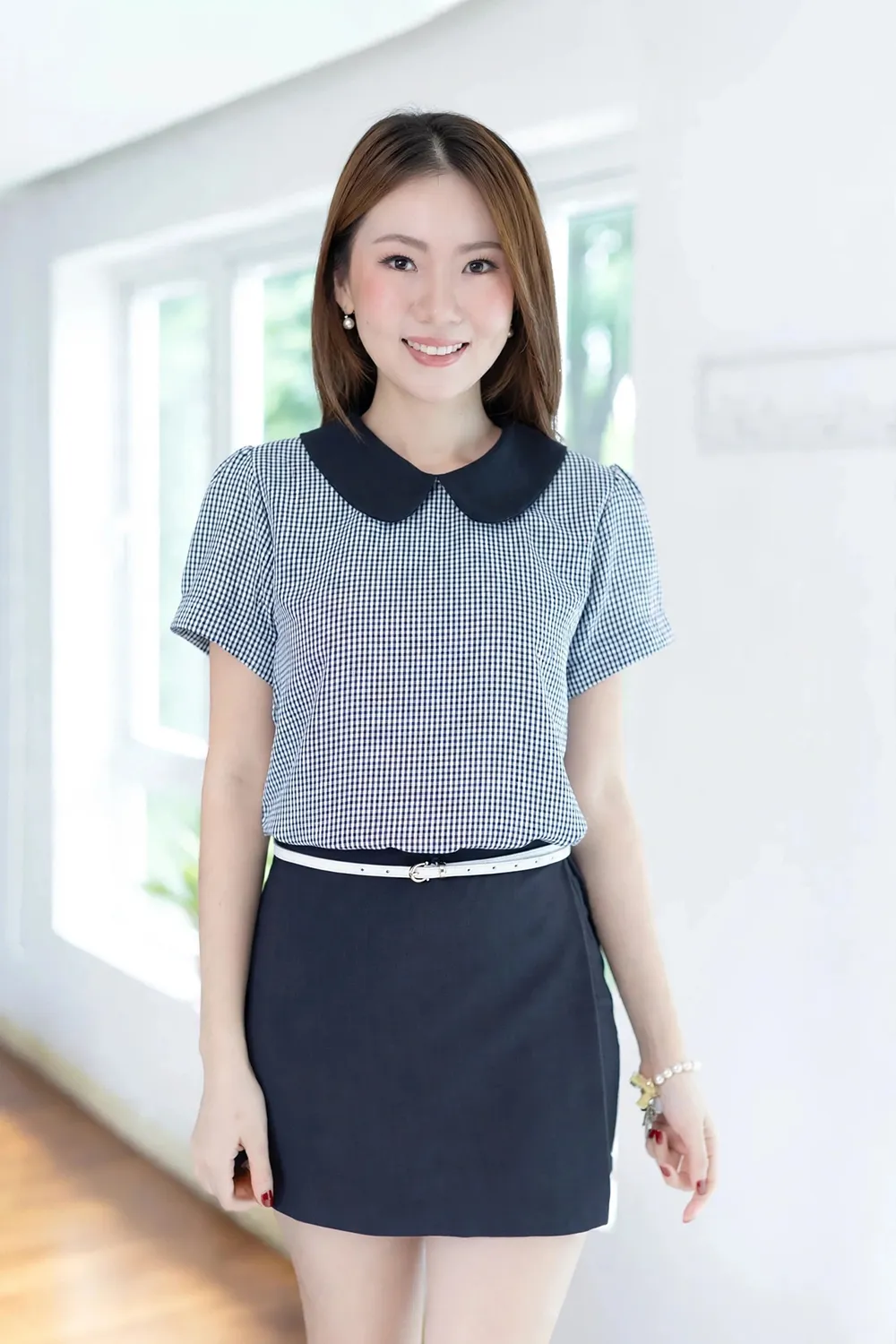 Alternative view of MT0106 Peter Pan Collar Folded Sleeve Blouse – Navy Blue Gingham
