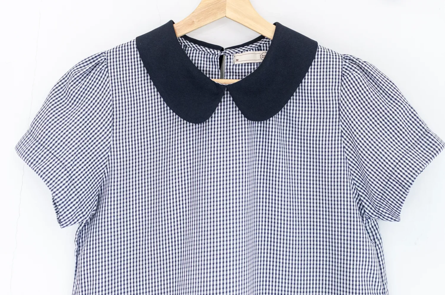 MT0106 Peter Pan Collar Folded Sleeve Blouse – Navy Blue Gingham - Image 5
