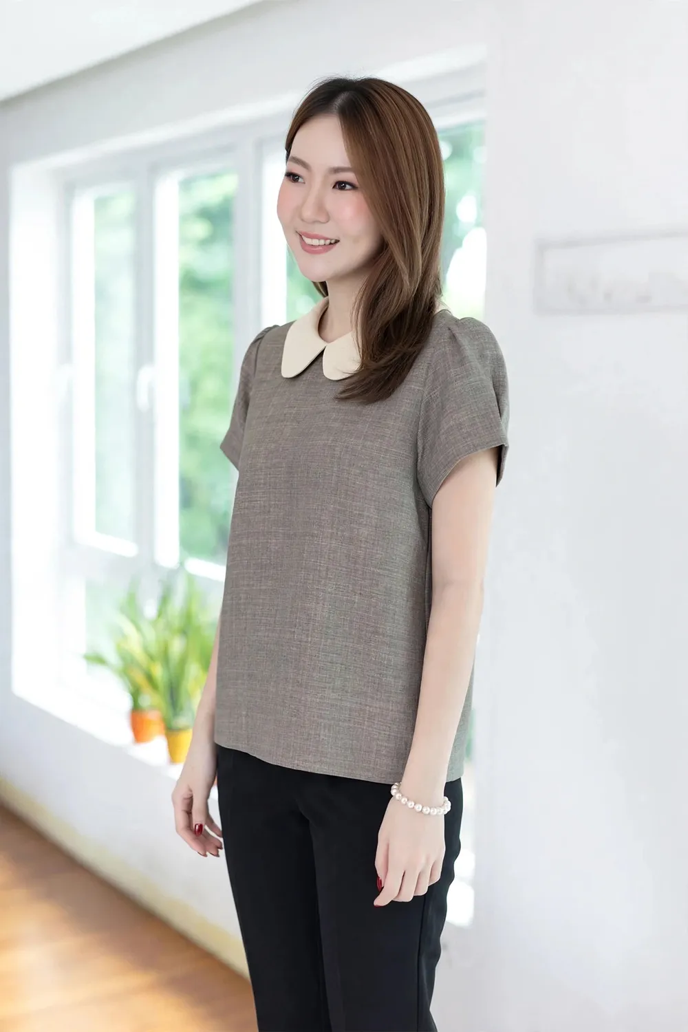 Alternative view of MT0106 Peter Pan Collar Folded Sleeve Blouse – Khaki Grey
