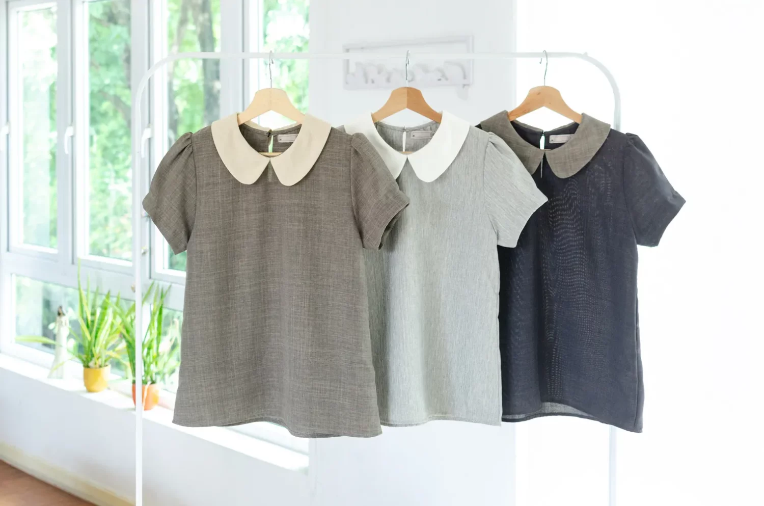 MT0106 Peter Pan Collar Folded Sleeve Blouse – Khaki Grey - Image 8