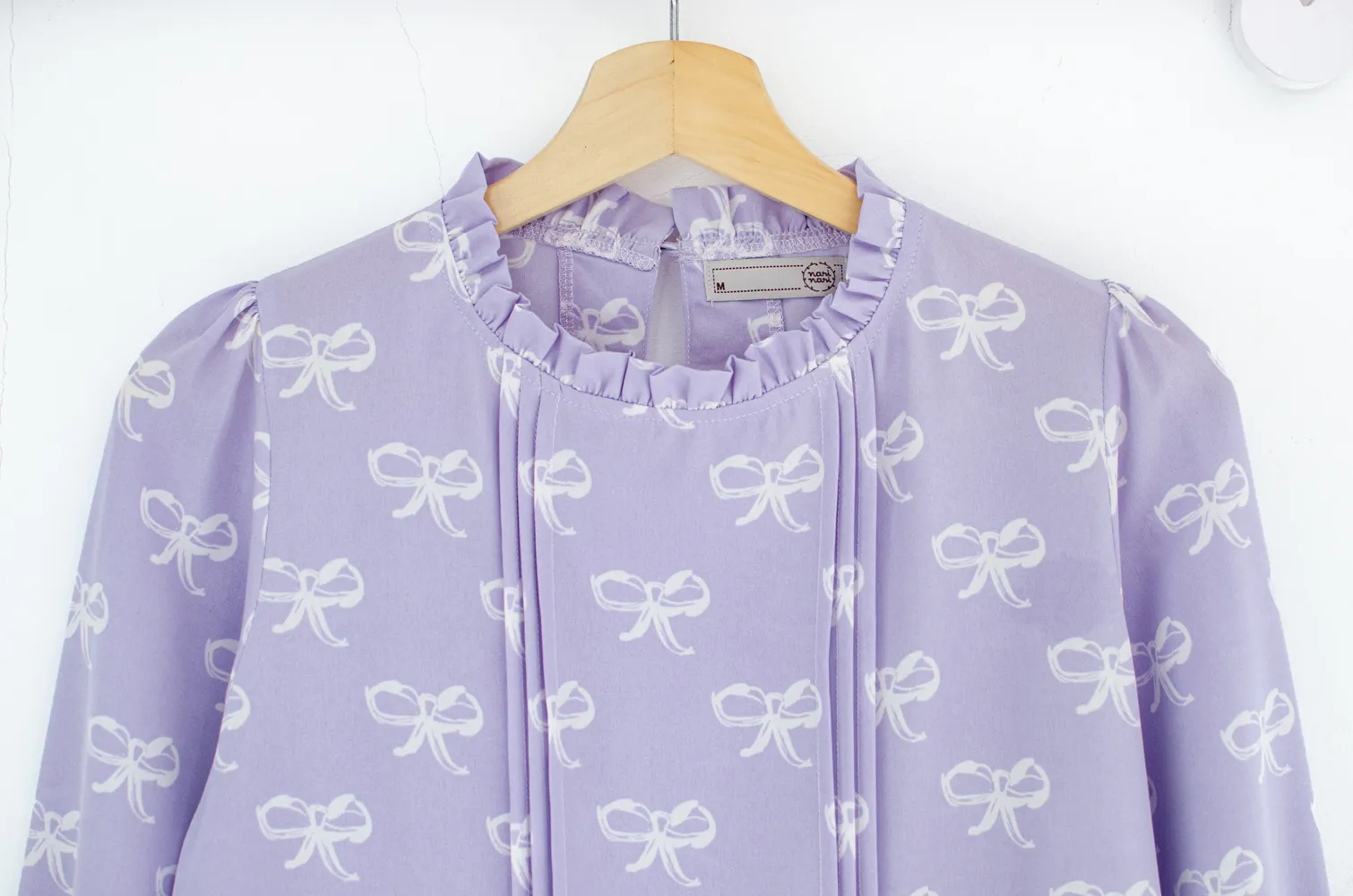 MT0431 Ruff Collar Pintuck Bow Print Blouse – Lavender - Image 3