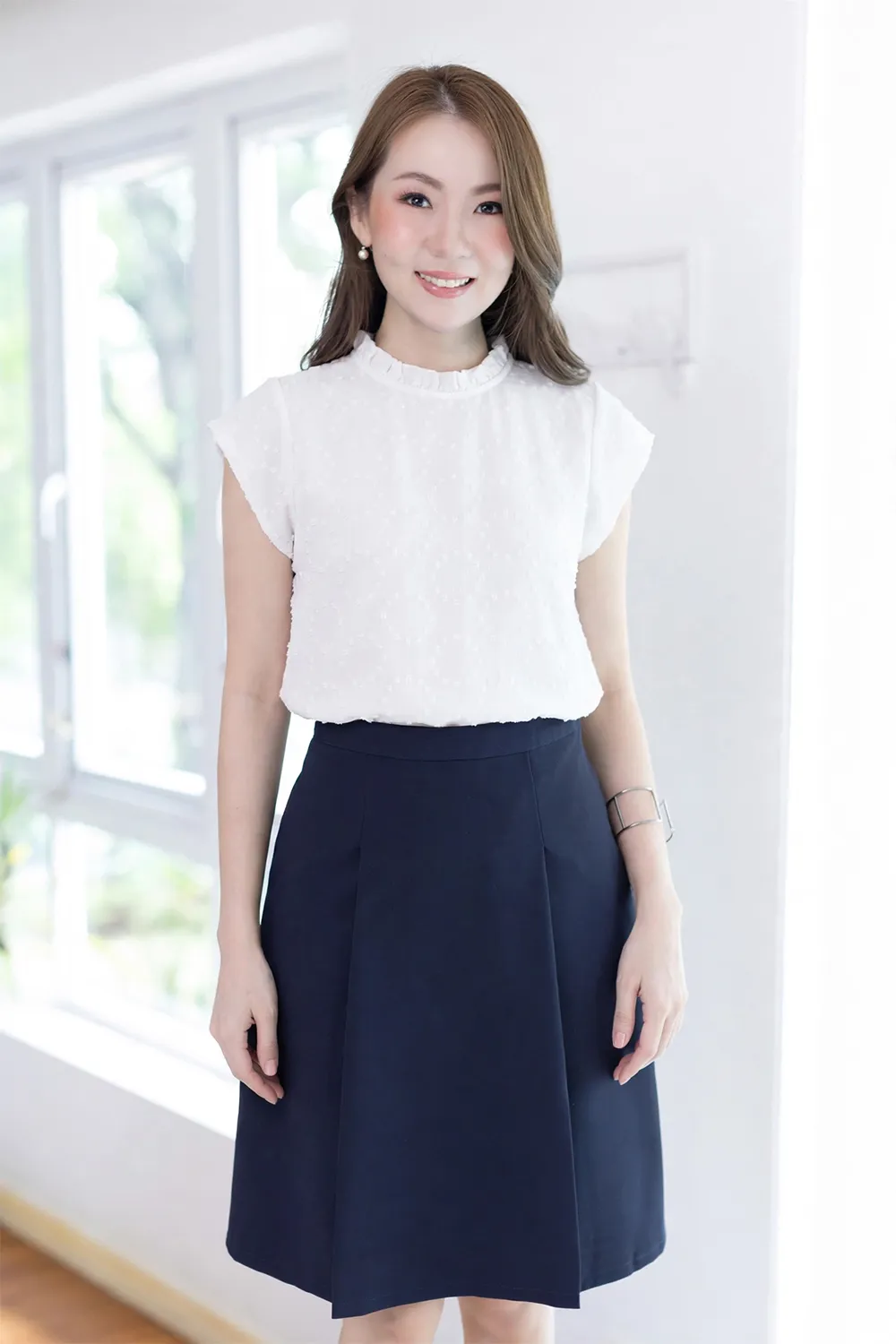 MT2758 Ruff Collar Cap Sleeve Chiffon Blouse – White - Image 10