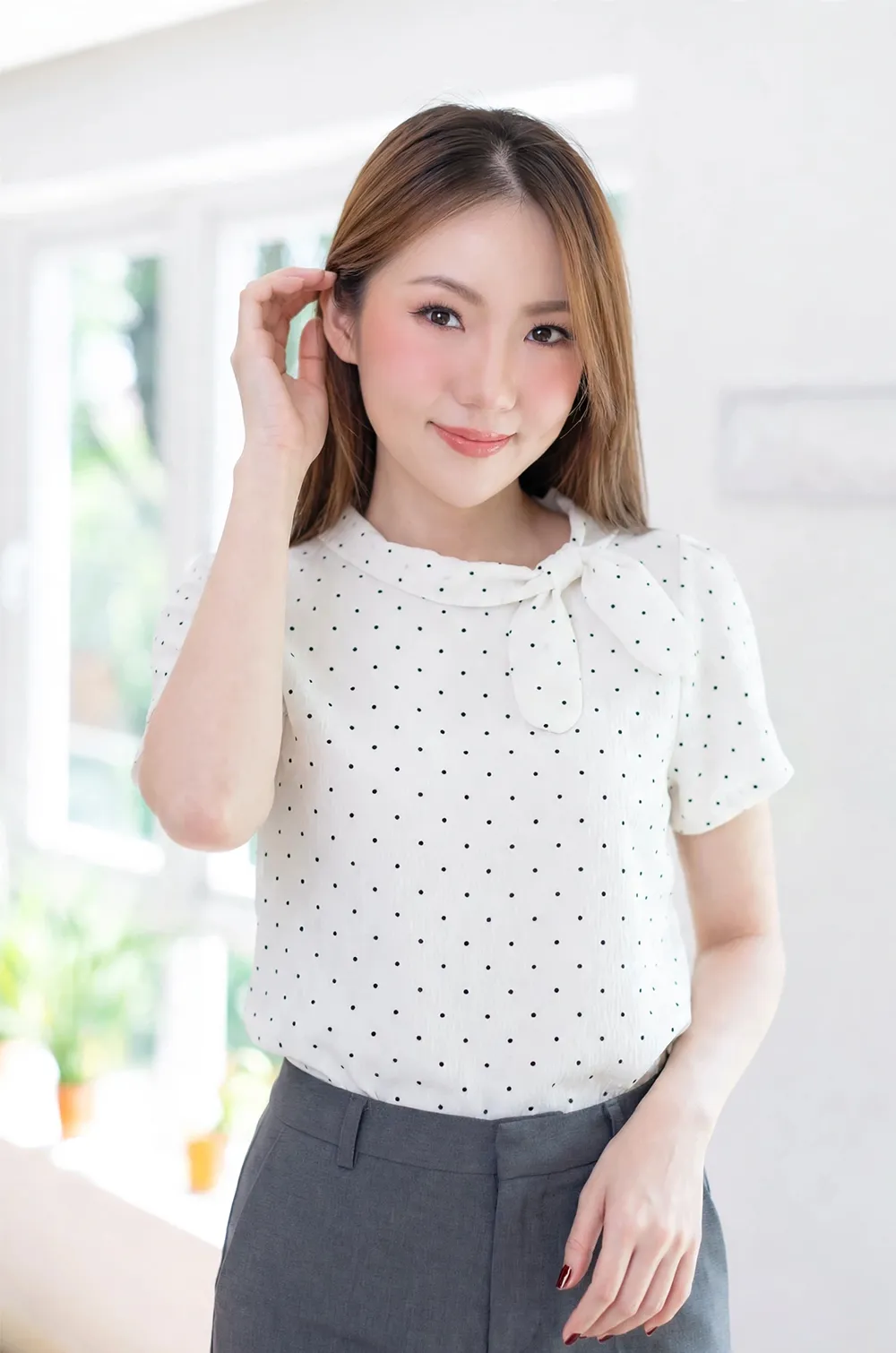 MT5139 Polka Dot Side Bow Crinkled Blouse – White