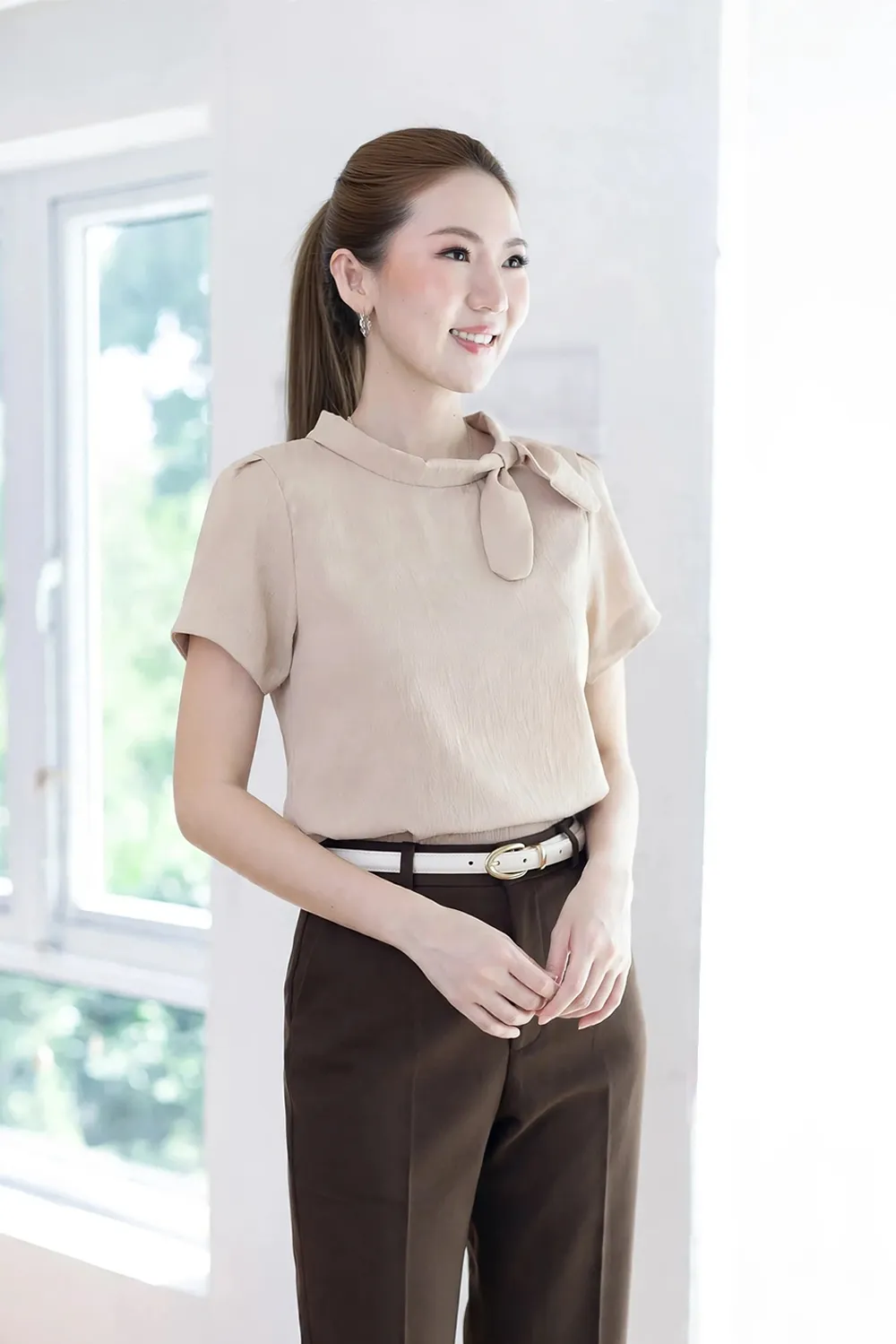 MT5139 Side Bow Crinkled Blouse – Latte Beige