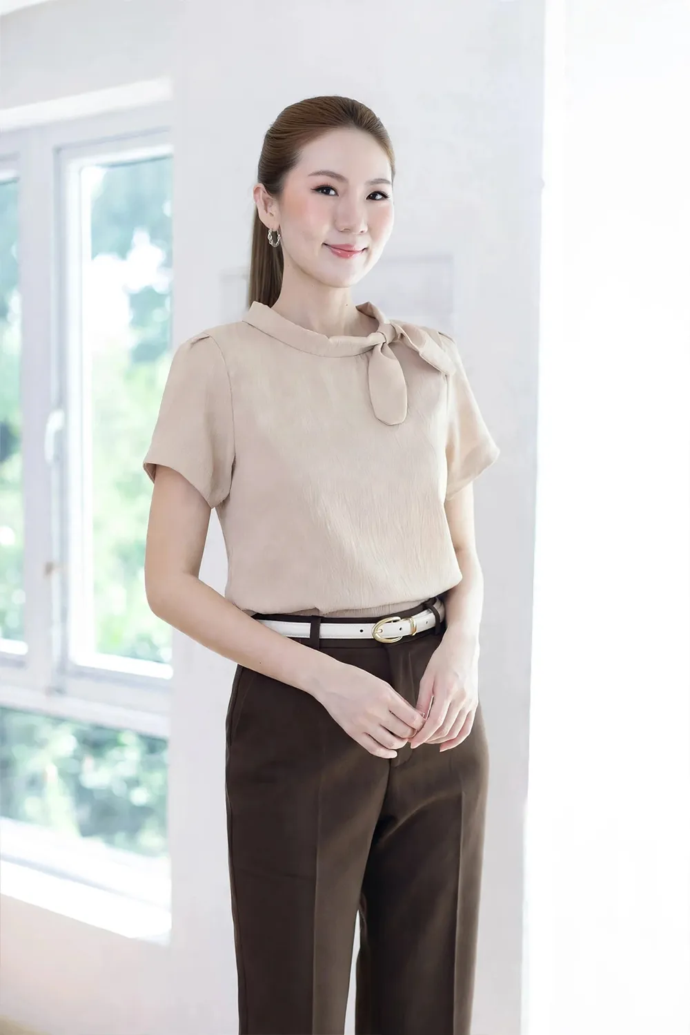 MT5139 Side Bow Crinkled Blouse – Latte Beige - Image 6