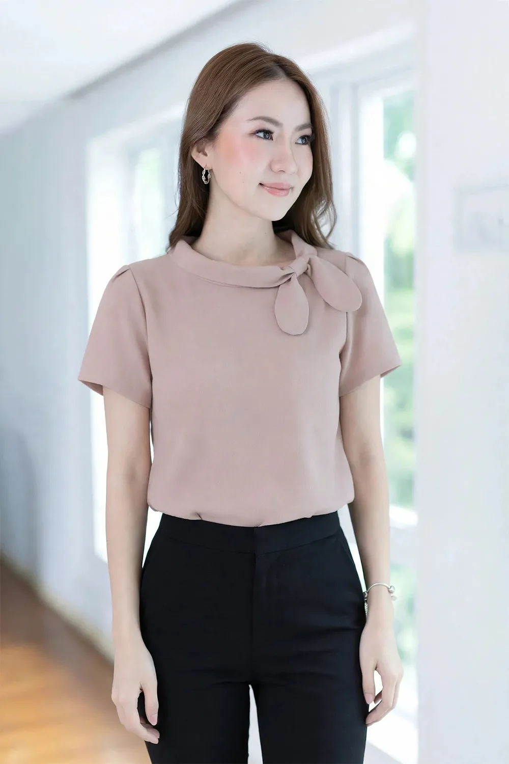 MT5139 Side Bow Crinkled Blouse – Muted Blush