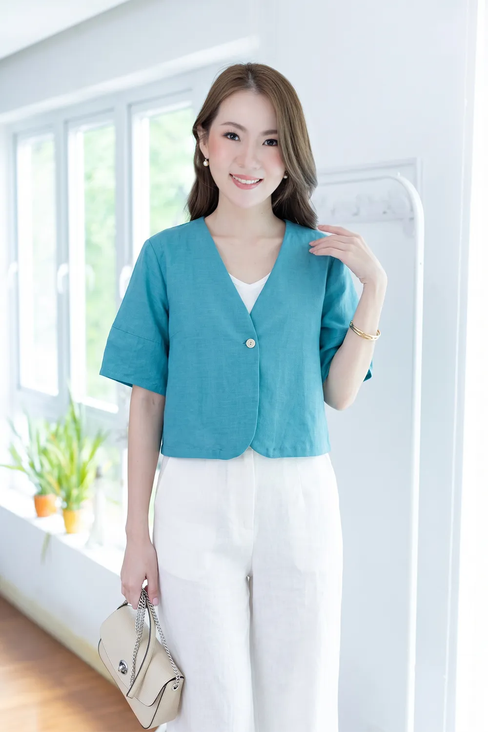 NO116 Cropped Linen Jacket – Turquoise
