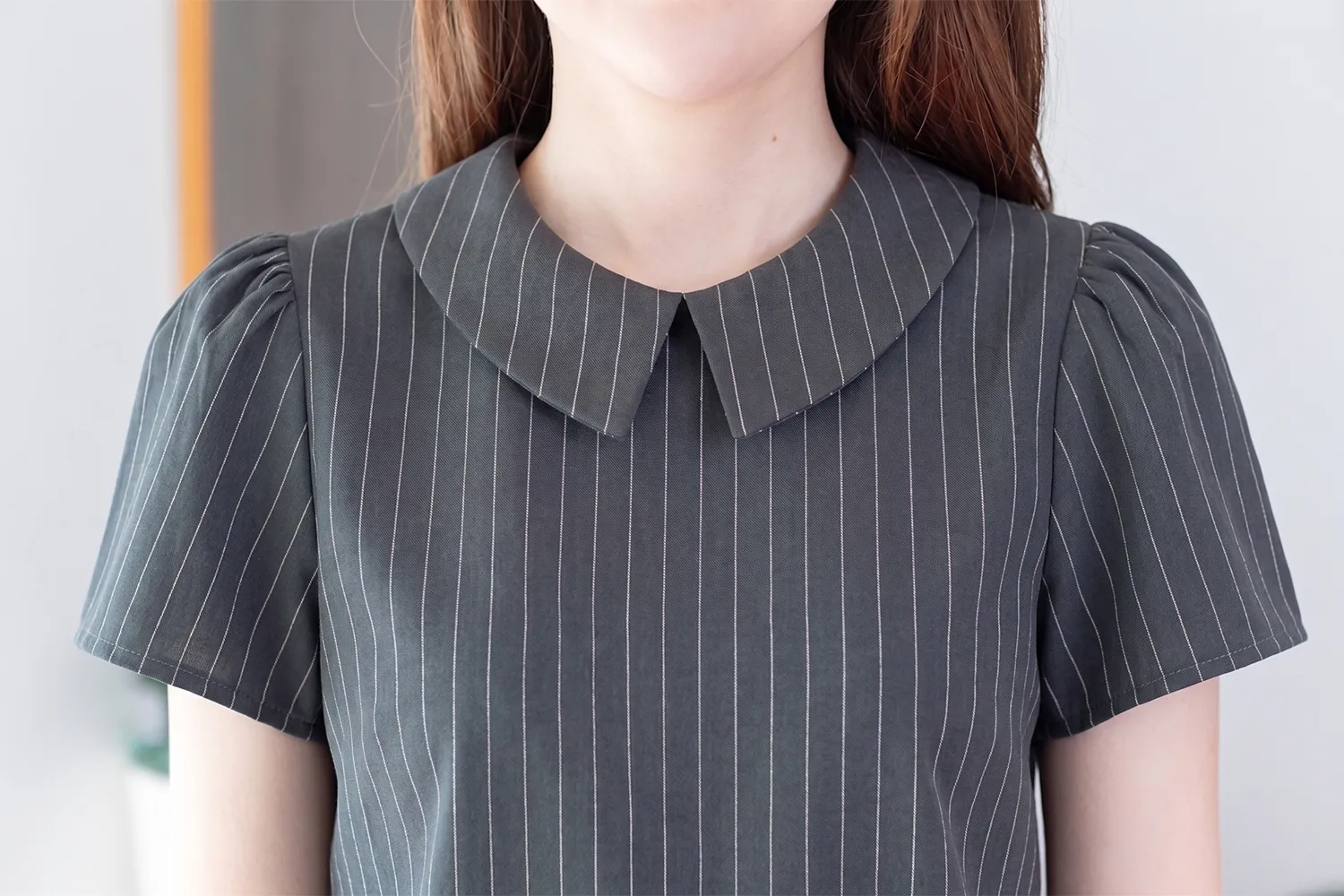 Alternative view of MT1301 Point Collar Pinstripe Blouse – Dark Grey