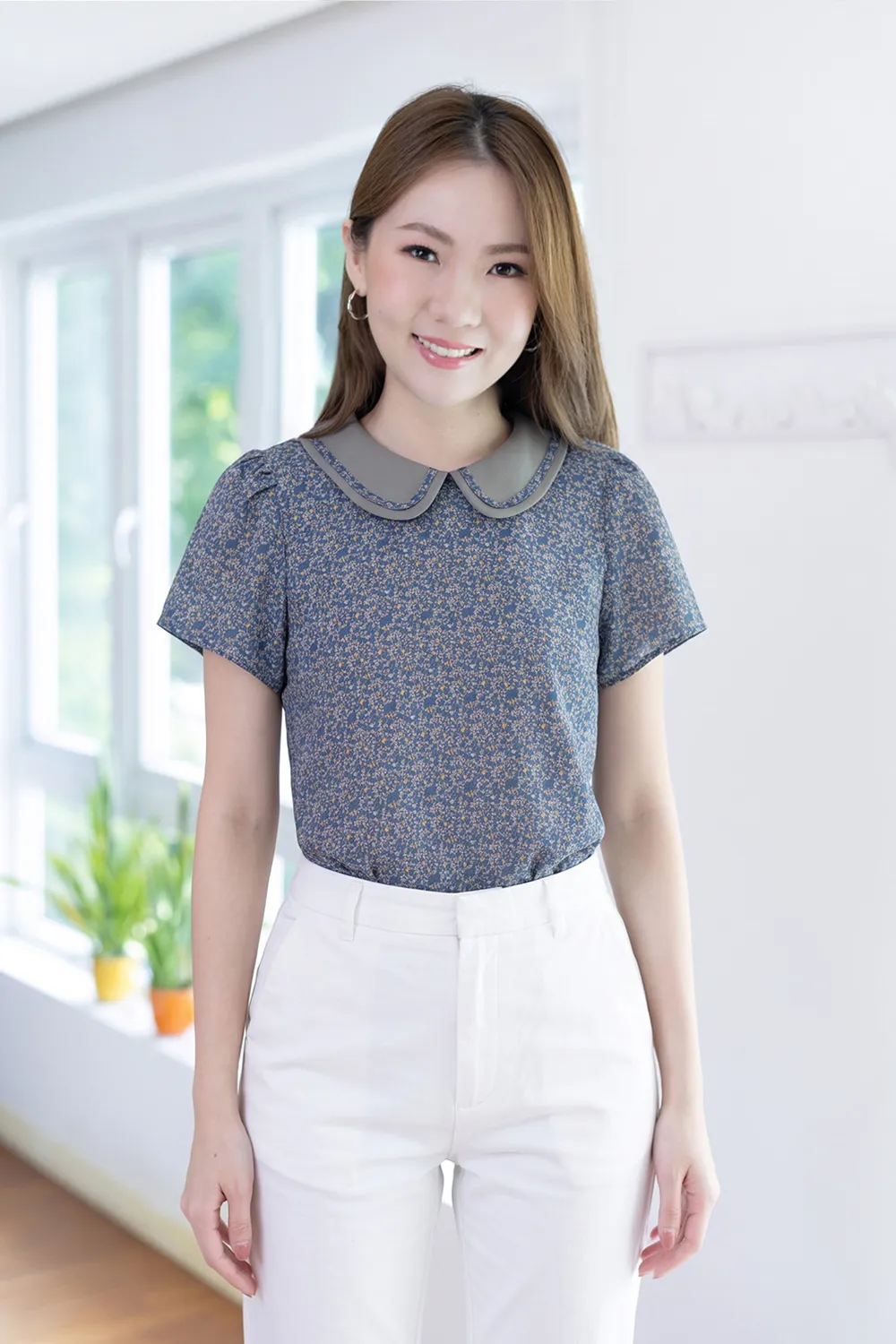 MT4101 Trimmed Peter Pan Collar Blouse – Blue Ivy