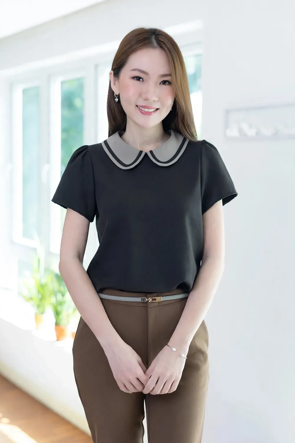 MT4101 Trimmed Peter Pan Collar Blouse – Charcoal Grey