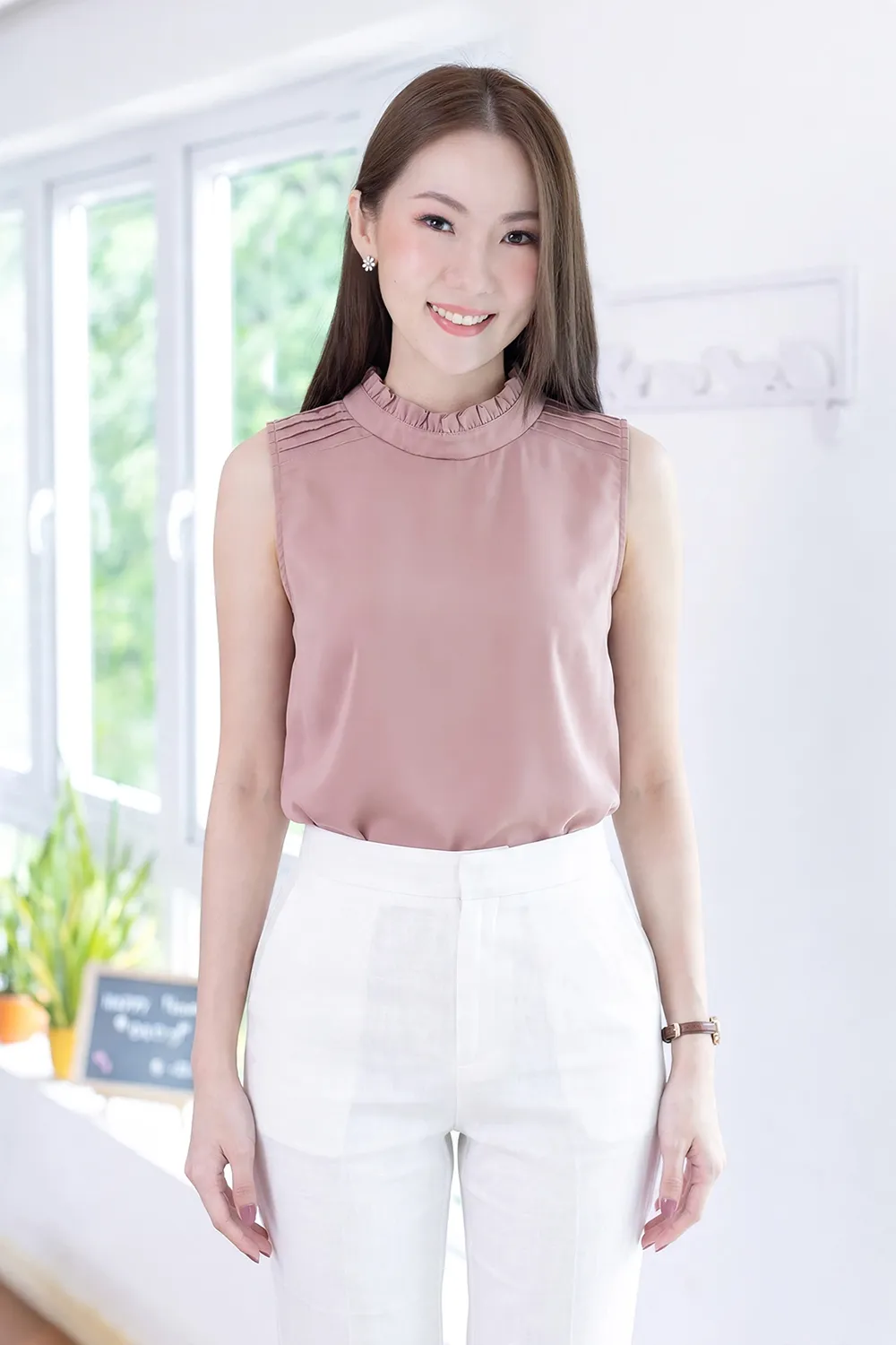 MT4600 Frill Collar Pintucks Sophie Blouse – Muted Pink