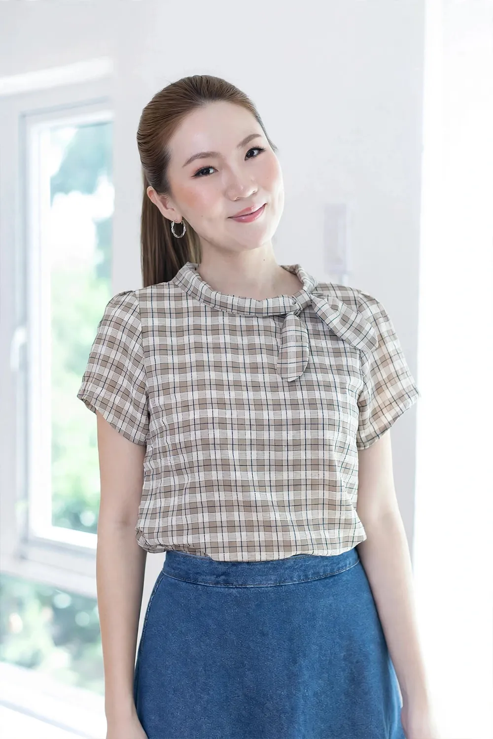 MT5139 Textured Side Checkered Bow Blouse – Taupe Brown