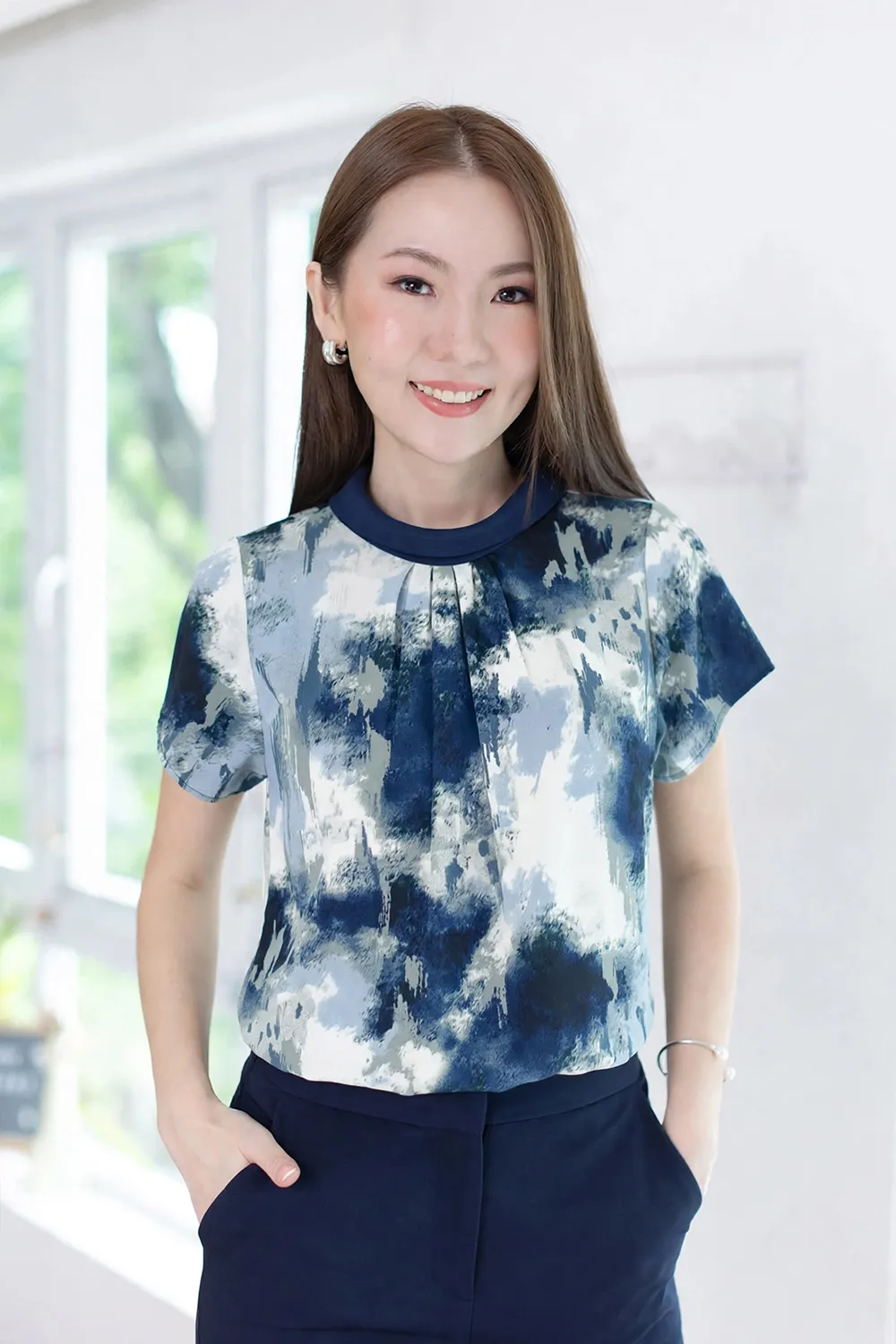 MT7659 Folded Collar Gathered Misty Blouse – Navy Blue