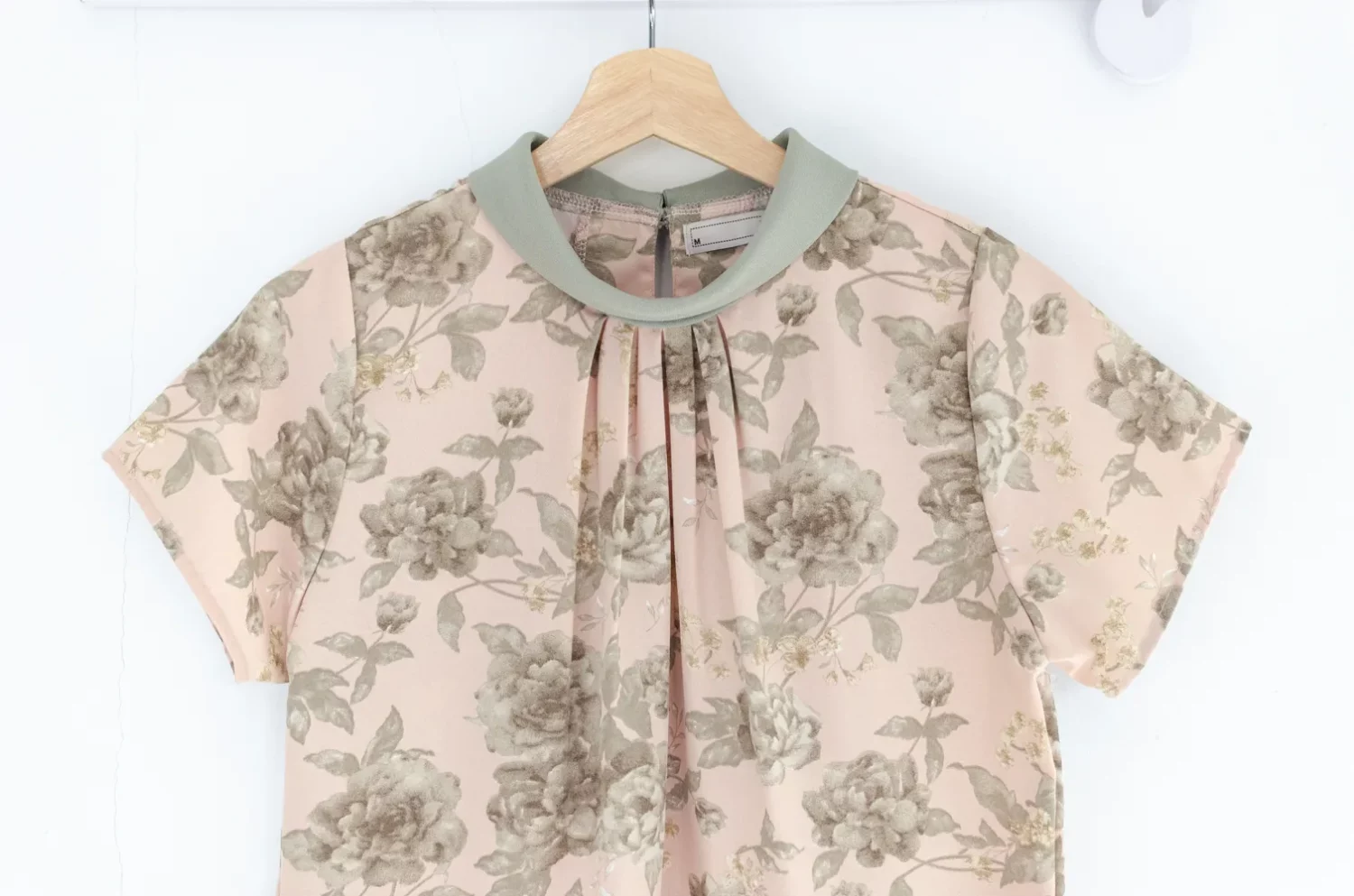 MT7659 Folded Collar Gathered Flower Blouse – Pink - Image 3