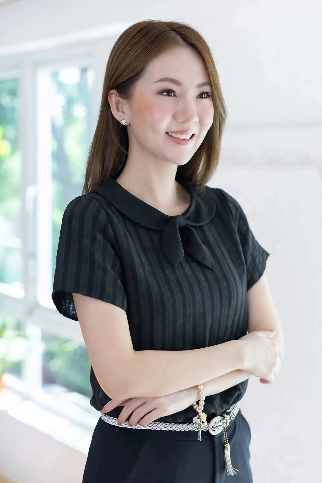 MT7959 Bow Collar Stripe Blouse – Charcoal Grey