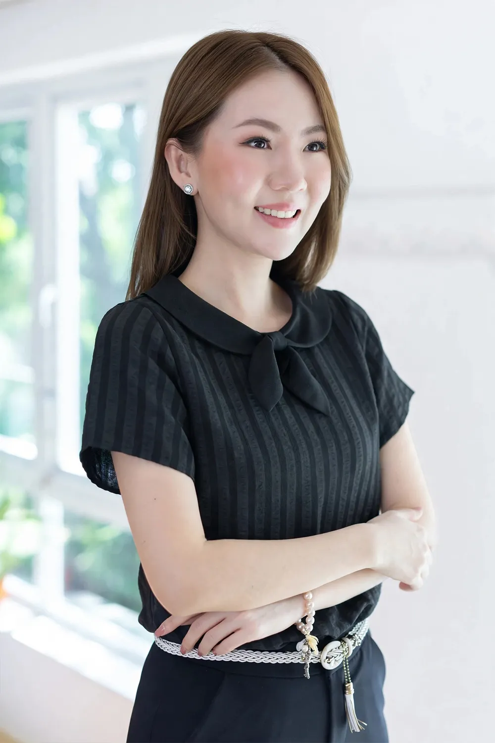 MT7959 Bow Collar Stripe Blouse – Charcoal Grey