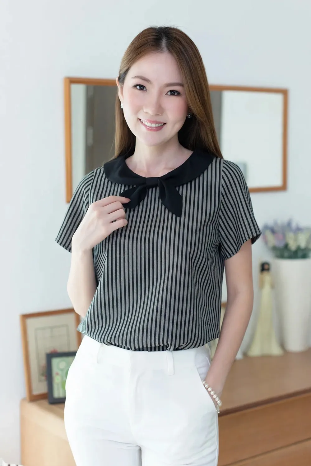 MT7959 Bow Collar Stripe Blouse – Grey