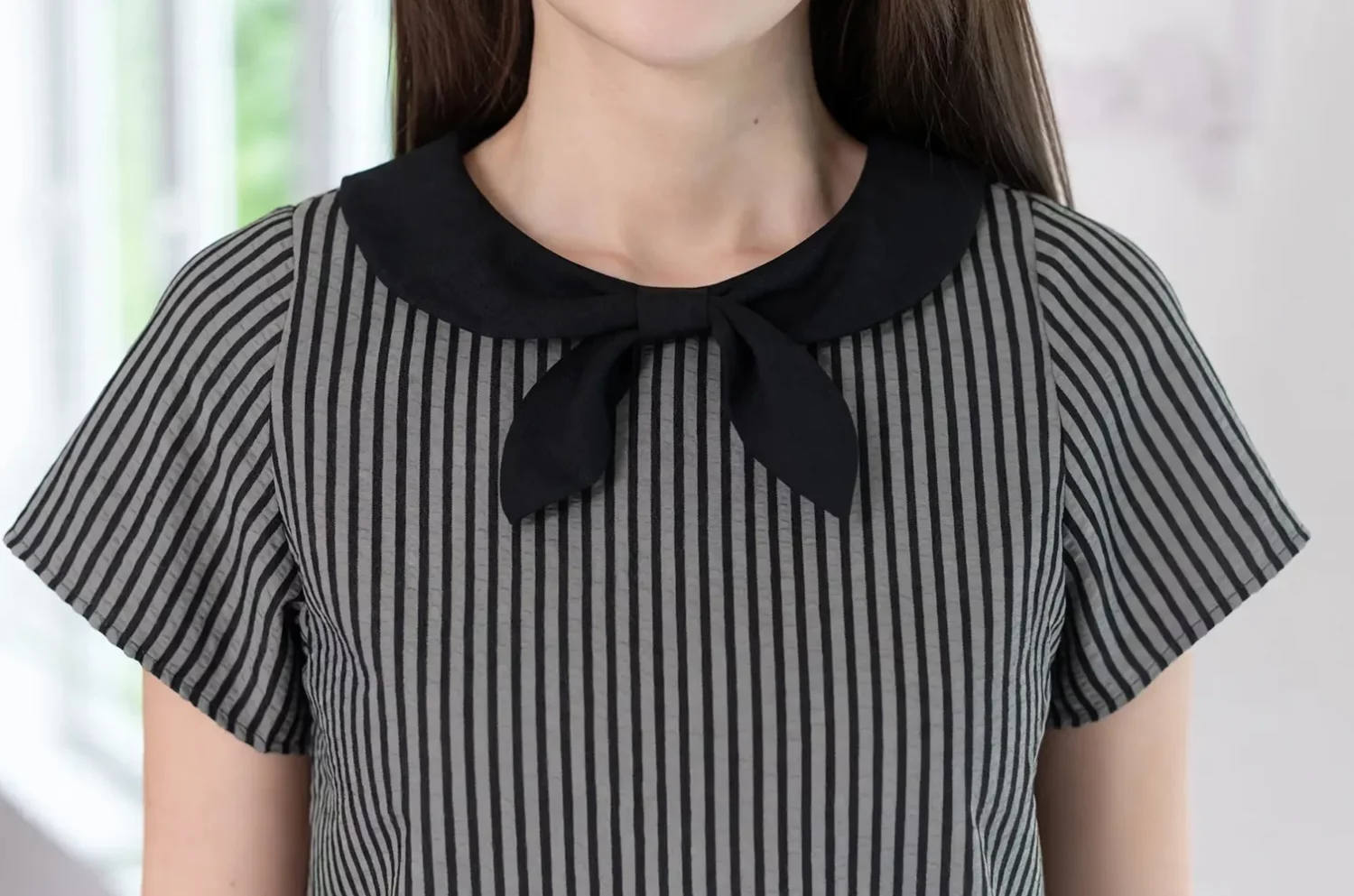 Alternative view of MT7959 Bow Collar Stripe Blouse – Grey