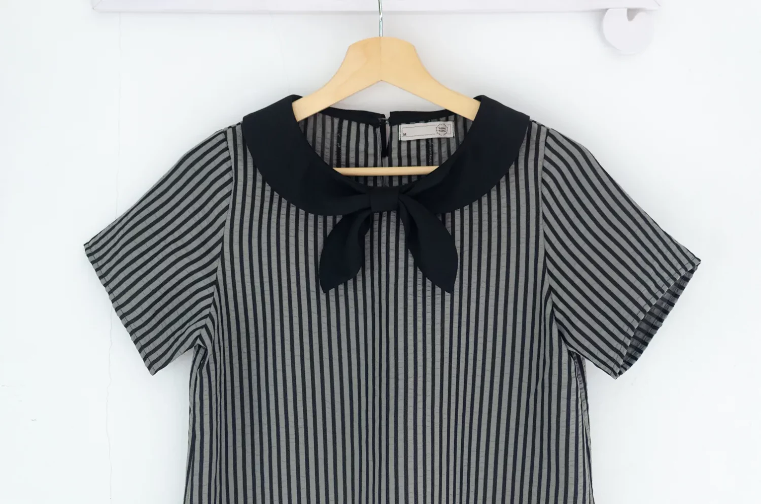 MT7959 Bow Collar Stripe Blouse – Grey - Image 4