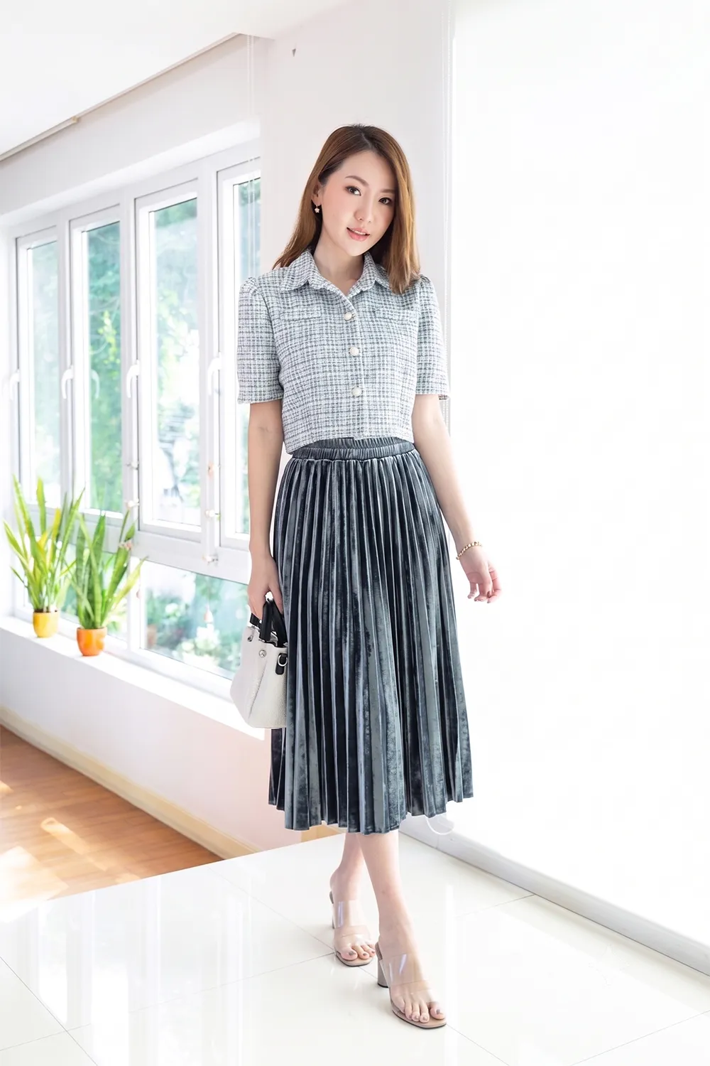 NK086 AW Pleated Skirt – Bluish Grey - Image 3