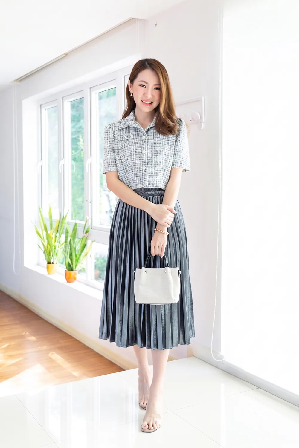 NK086 AW Pleated Skirt – Bluish Grey - Image 4