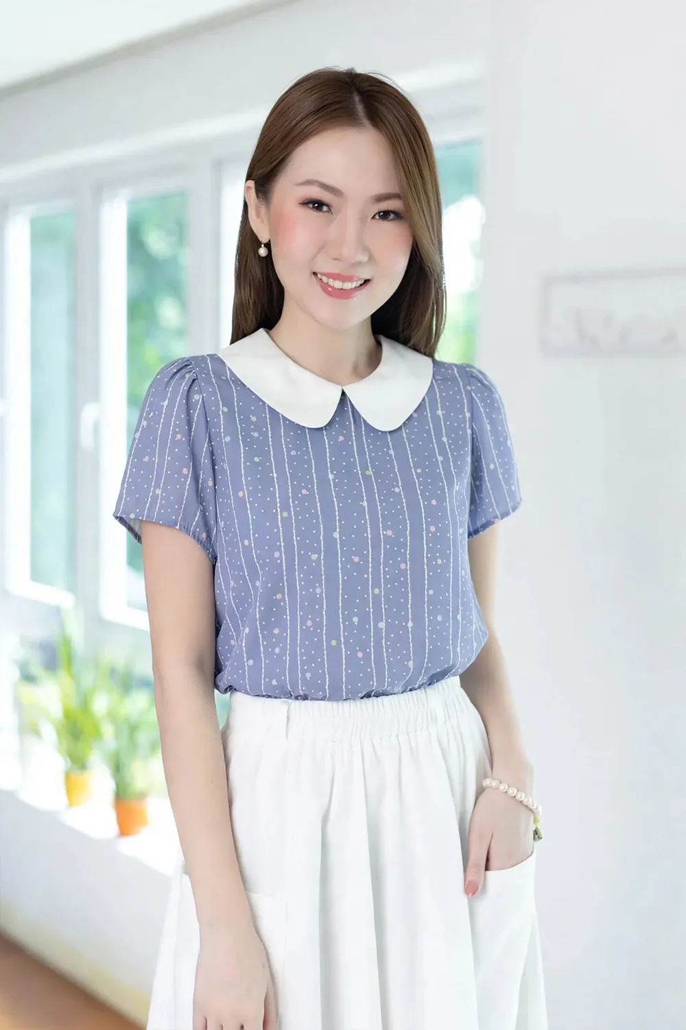 MT0101 Peter Pan Collar Dot Blouse – Gauzy Blue