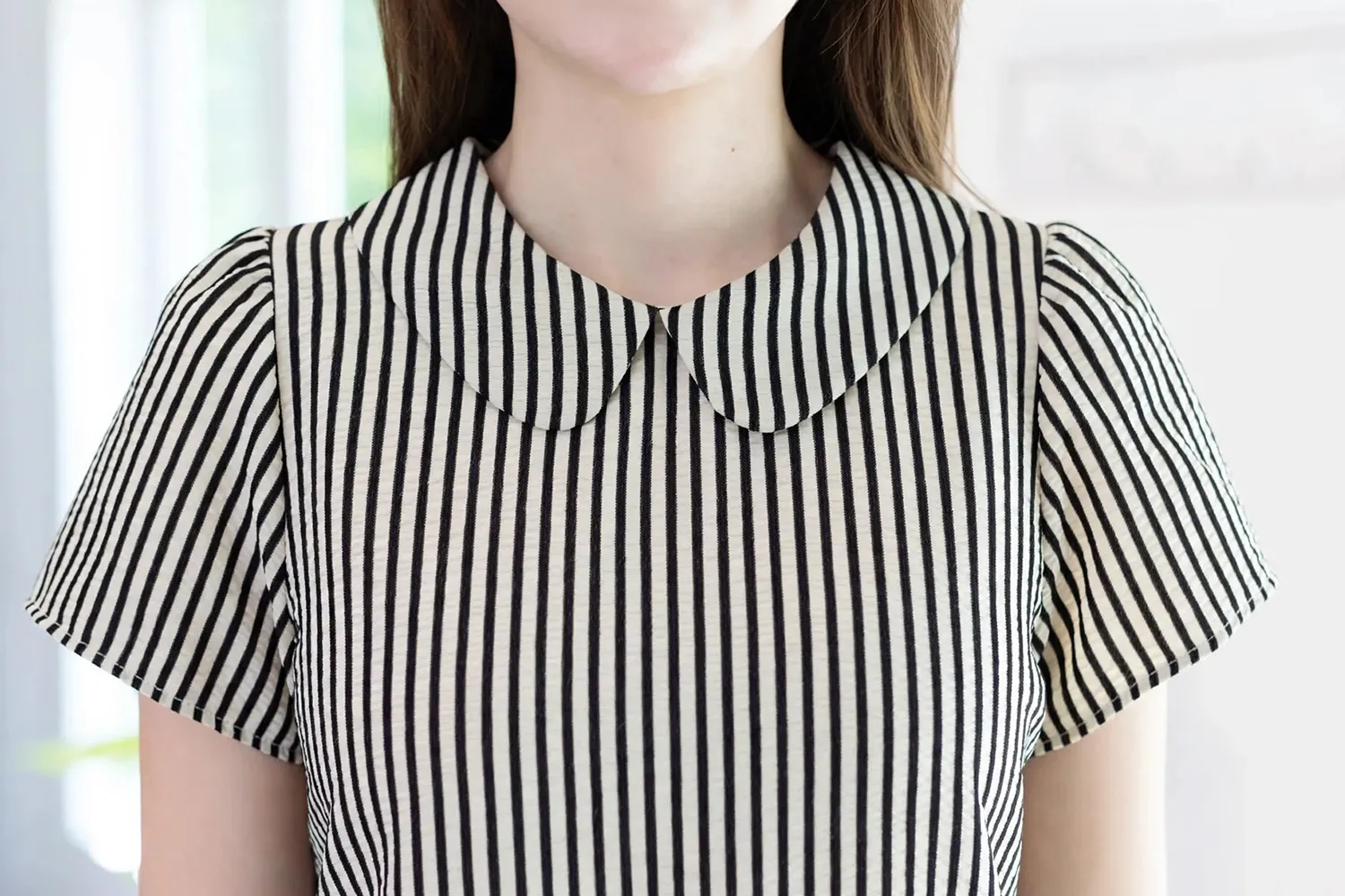 Alternative view of MT0101 Peter Pan Collar Stripe Blouse – Cream-Black