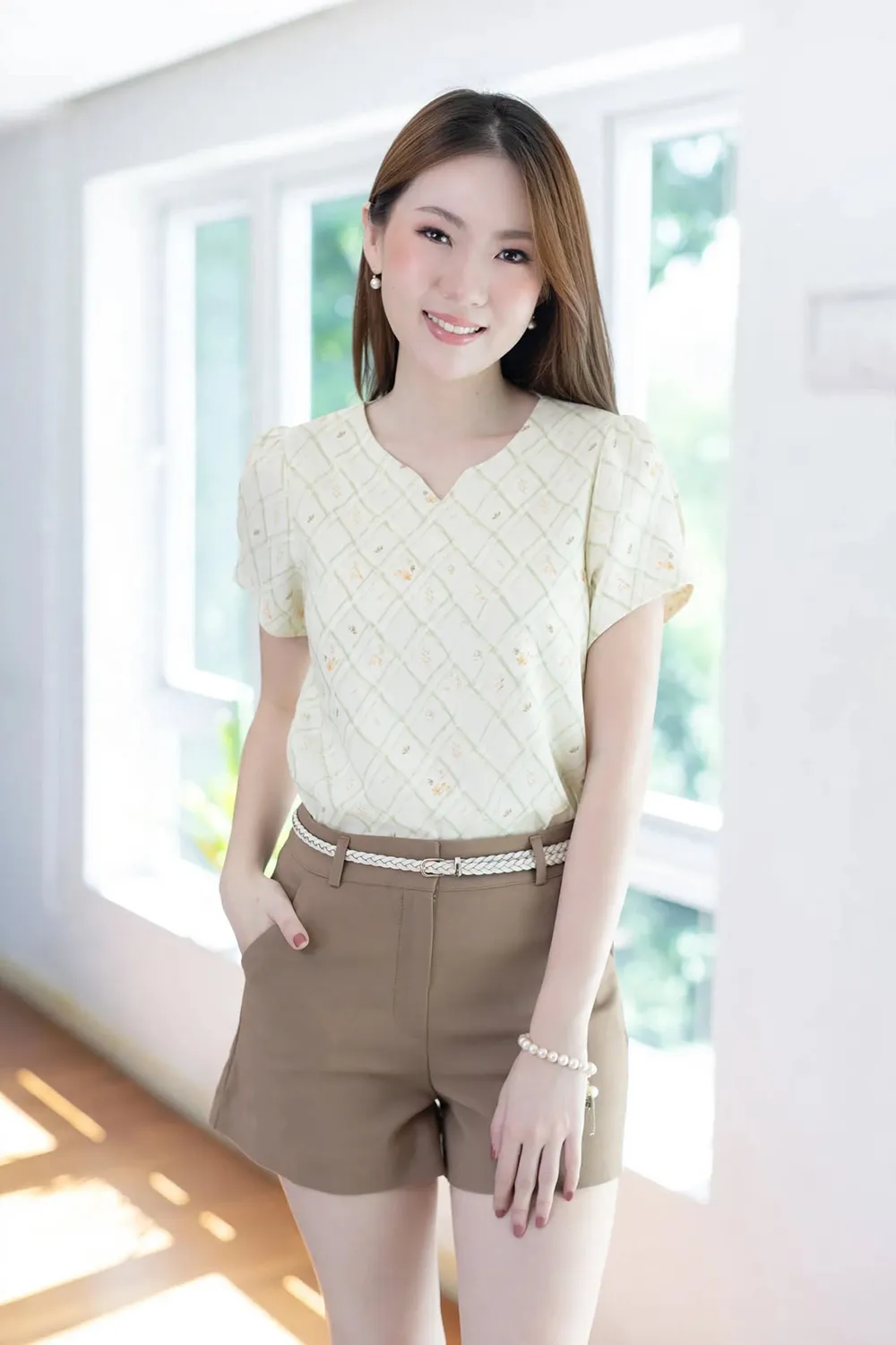 MT0206 Folded Sleeve Crinkled Blouse – Light Custard Green - Image 6